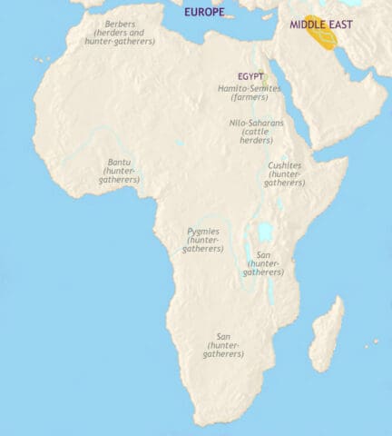 Map of Africa in 3500 BCE, most of Africa is home to hunter-gatherers but in Nubia cattle herding has developed and in the Nile valley, civilization emerging.