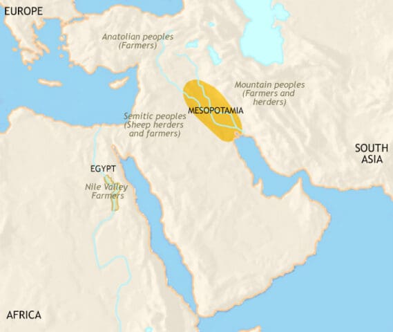 Map of the Middle East in 3500 BCE – showing the first true civilization appearing - the Sumer of Mesopotamia.