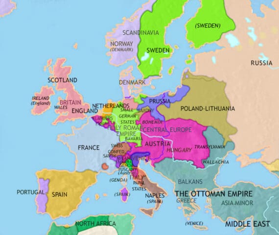 Map of Europe in 1789 CE, during an age of ‘enlightenment’ when the foundations for worldwide scientific and military dominance are laid in the struggles between European nations.