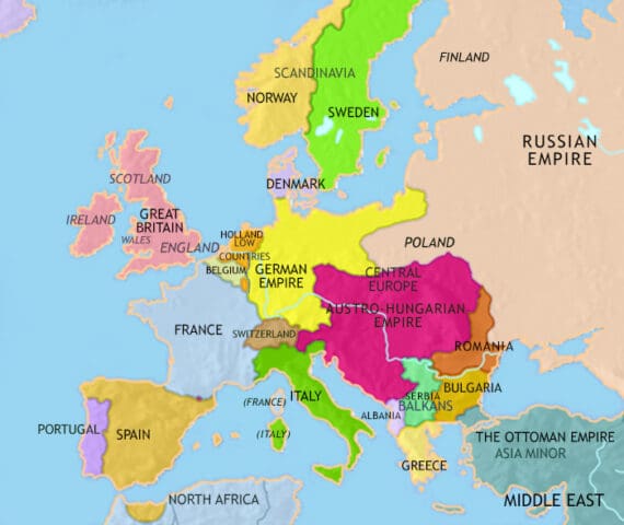 Map of Europe in 1914 CE, as the Ottoman empire declines, nationalist tensions between Austria and Russia, over the Balkans, spill over into full scale war.