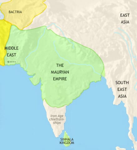 Map of India and South Asia in 200 BCE, the Mauryan Empire, which covered most of the sub-continent, is now declining. To the north-west, is the Greek-ruled kingdom of Bactria.