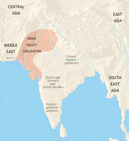 Map of India and South Asia in 2500 BCE, in the Indus Valley, urban life has arrived, with the emergence of one of the earliest civilizations in world history.