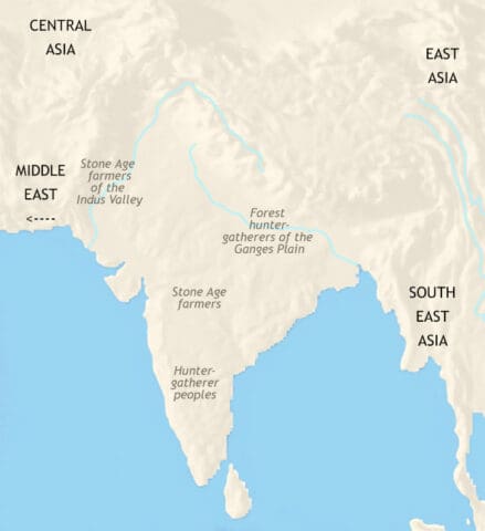 Map of India and South Asia in 3500 BCE, showing long-established farming villages in the Indus valley and small villages and hunter-gatherers elsewhere.