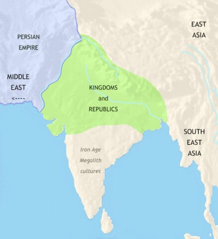 Map of India and South Asia in 500 BCE, Trade with the Middle East stimulates urban civilization and in 16 states have formed in Aryan India. Buddhism and Jainism founded.