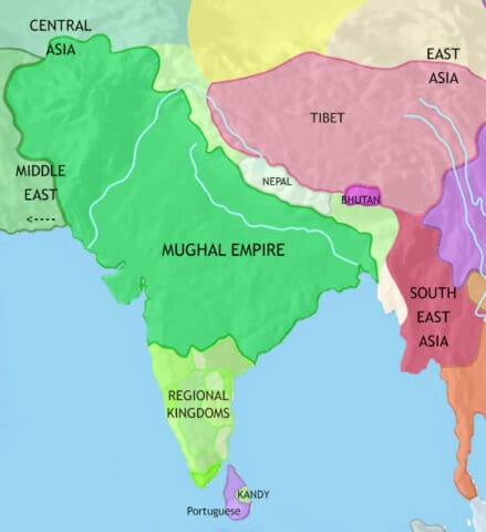 Map of India and South Asia in 1648 CE, The Mughal empire has conquered much of the Indian sub-continent. In north-west a new faith has appeared, Sikhism.